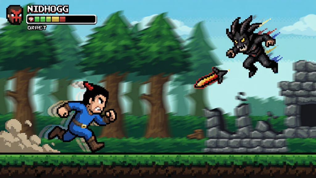 一张表现“Nidhogg”游戏狂奔机制的动态场景图,画面左侧一名像素小人正在奋力向前奔跑,右侧有另一名敌人从空中跃下拦截,背景是快速向后移动的像素森林与废墟,布局采用对角线构图强调速度感,风格为复古街机像素风,细节上需有运动残影和尘土飞扬效果,画质清晰,无多余界面元素