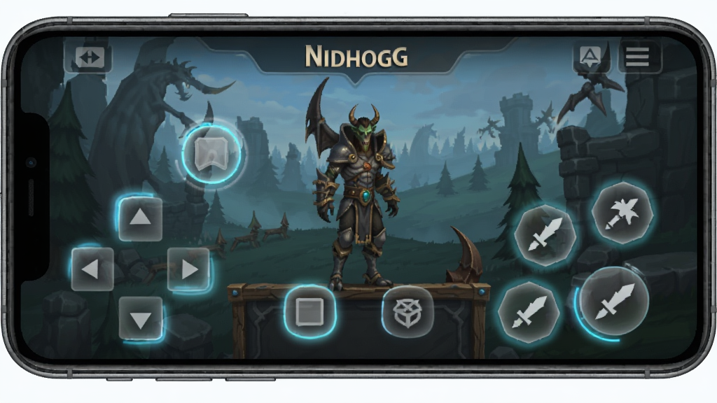 一张“Nidhogg”游戏移动端操作界面示意图,画面主体为手机横屏显示游戏画面,底部有虚拟方向键与攻击键的半透明图标,布局采用手机外框包裹屏幕内容,风格为科技感UI展示图,细节上需体现按键的触控反馈光效,画质清晰,无多余背景干扰