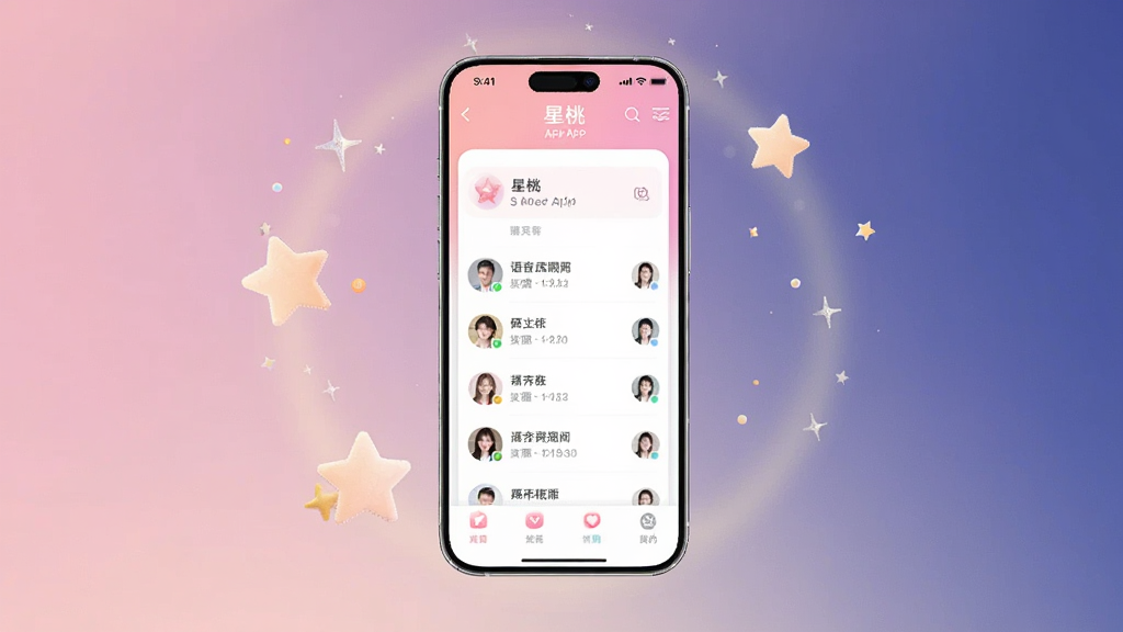 画面中央放置一部竖屏智能手机,手机屏幕上显示“星桃”APP的主界面,界面中有语音房间列表和用户头像,手机周围环绕着柔和的光晕和星星点缀,背景是浅紫色到深蓝色的渐变,整体布局居中对称,风格清新温暖,细节上手机边缘有轻微反光,界面图标清晰可见,画质高清干净,无多余元素