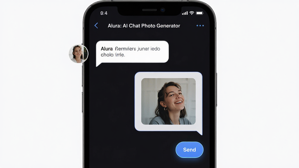 一张展示 Alura: AI Chat Photo Generator 聊天生图功能的图片,主体为手机屏幕内AI对话界面,布局为左侧用户输入文字气泡、右侧AI回复图片气泡,排版简洁明了,风格为扁平化UI设计,细节包括对话气泡的圆角、生成图片的缩略图、发送按钮的高亮状态,画质为超高清,画面干净无多余元素