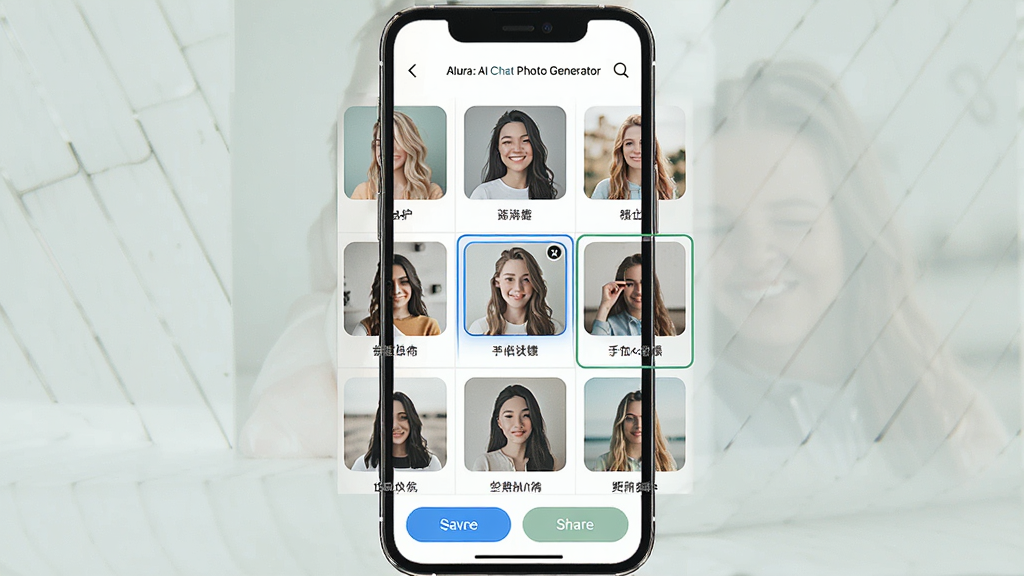 一张展示 Alura: AI Chat Photo Generator 多风格滤镜功能的图片,主体为手机屏幕内九宫格风格选择界面,布局为三行三列网格,排版整齐,风格为清新浅色系UI,细节包括每个风格缩略图下方的文字标签、当前选中风格的高亮边框、底部保存与分享按钮,画质为超高清,画面干净无多余元素