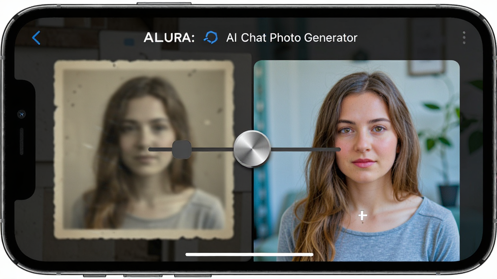 一张展示 Alura: AI Chat Photo Generator 照片美化修复功能的图片,主体为手机屏幕内前后对比滑块界面,左侧为模糊老旧照片、右侧为清晰修复后照片,布局为左右分屏对比,排版居中,风格为写实摄影风格,细节包括滑块手柄的金属质感、照片边缘的细节纹理、修复后照片的色彩饱和度提升,画质为超高清,画面干净无多余元素