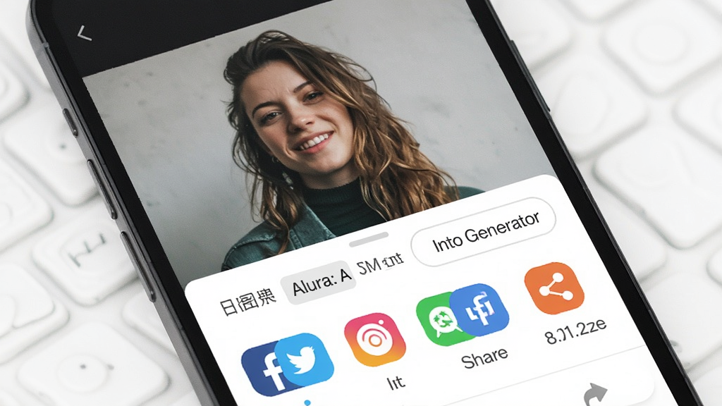 一张展示 Alura: AI Chat Photo Generator 分享导出功能的图片,主体为手机屏幕内图片预览界面与分享面板,布局为上方大图预览、下方一排社交平台图标,排版简洁,风格为现代扁平化设计,细节包括导出分辨率选项按钮、分享图标的彩色标识、图片下方的文件大小信息,画质为超高清,画面干净无多余元素