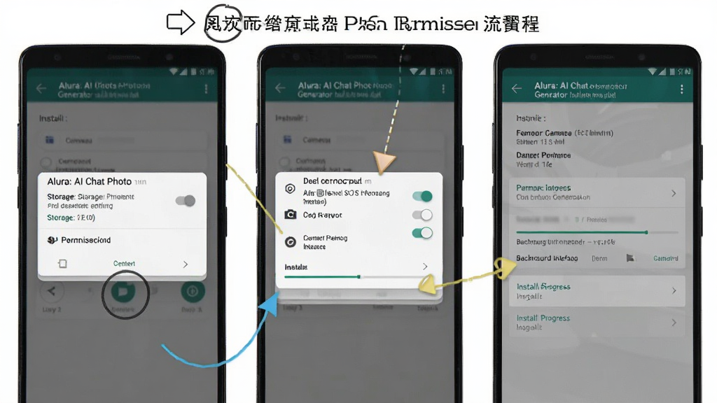 一张展示 Alura: AI Chat Photo Generator 在安卓手机上安装与权限设置流程的图片,主体为手机屏幕内权限弹窗与设置界面,布局为上下排列的三个手机界面截图,排版清晰,风格为教程图解风格,细节包括存储权限开关、相机权限开关、后台弹出界面权限、安装进度条,画质为超高清,画面干净无多余元素