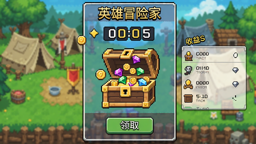 画面呈现一个像素风格的离线收益结算界面,中央显示一个宝箱正在打开并飞出金币和宝石,背景是游戏中的营地场景,界面上方有