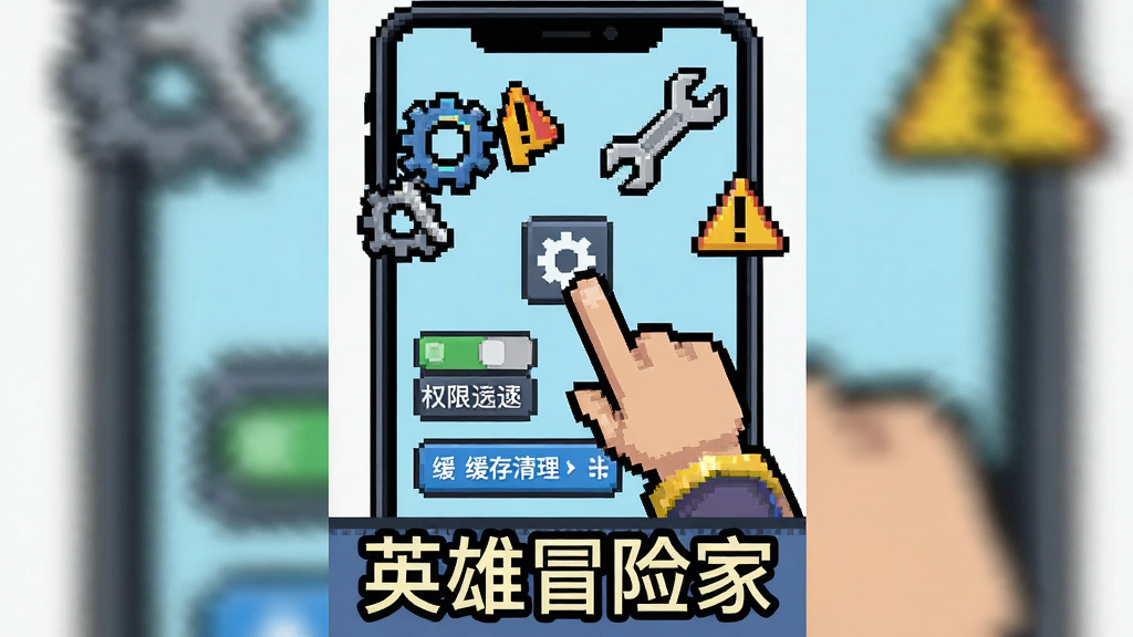 画面展示一位像素风格的游戏角色站在手机屏幕前,手指点击屏幕上的设置图标,周围漂浮着齿轮、扳手和警告标志,画面下方有