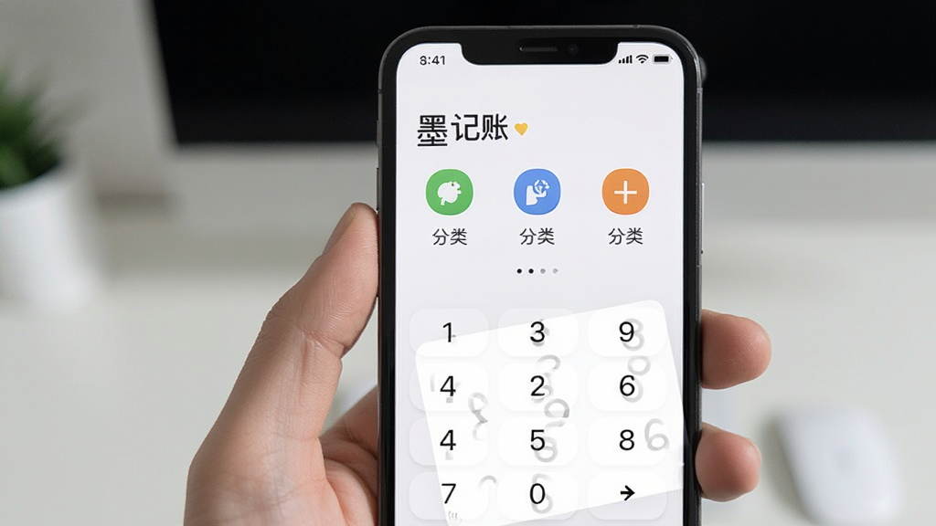 一墨记账 极简记账界面 数字键盘 分类图标 手机屏幕 干净背景