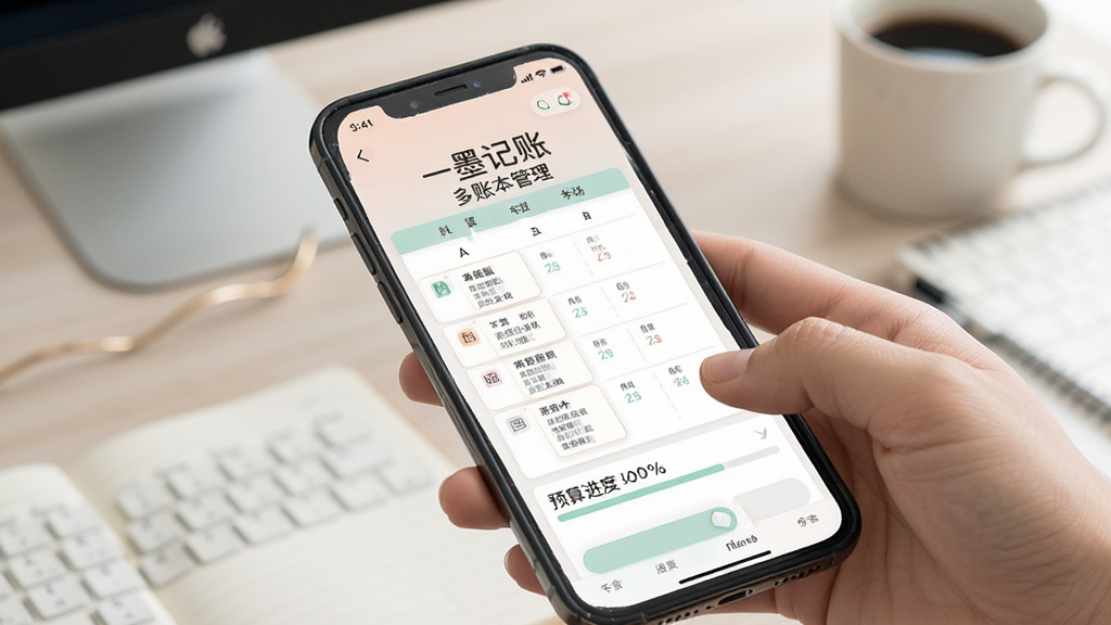一墨记账 多账本管理 预算进度条 手机应用界面 柔和色调