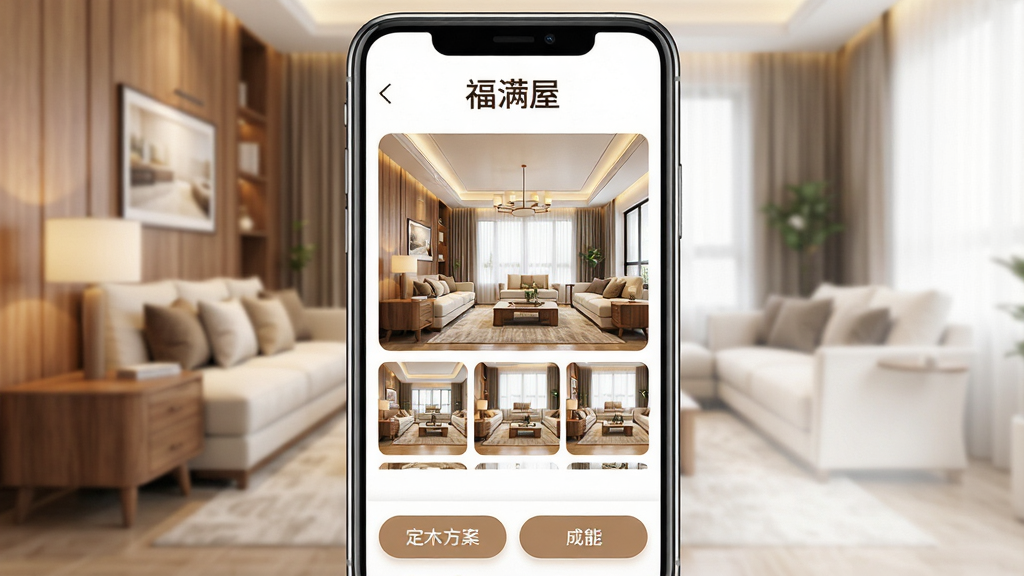 一张展示手机屏幕中福满屋应用界面的图片,主体为手机居中摆放,屏幕内显示全屋整木定制的客厅效果图与功能菜单,布局采用三分法构图,上方为品牌名称“福满屋”,中间为定制方案缩略图,下方为操作按钮,风格为现代简约科技感,细节包含木质纹理、柔和灯光、干净的白色背景,画质高清,画面干净,无多余元素