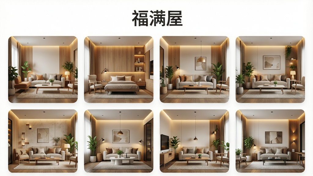 一张展示福满屋应用内全屋定制案例库的图片,主体为多个不同风格的房间效果图卡片横向排列,布局采用网格状排版,上方有“福满屋”品牌标识,风格为清新家居杂志风,细节包含原木色家具、暖色灯光、绿植点缀,画质高清,画面干净,无多余元素