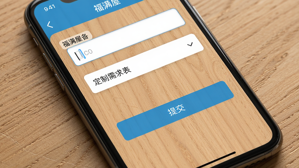 一张展示福满屋应用在手机端提交定制需求表单的界面截图风格图片,主体为手机屏幕特写,布局为表单字段从上到下排列,风格为清爽工具类应用界面,细节包含输入框、下拉菜单、提交按钮、木质纹理背景,画质高清,画面干净,无多余元素