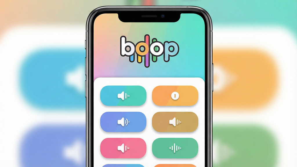 一张展示boop软件界面的预览图,主体为一部智能手机居中放置,屏幕内显示boop应用主界面,布局采用上下结构,上方为软件名称“boop”和卡通音波图标,下方为多个彩色音效按钮排列成网格状,排版居中对称,风格为清新活泼的扁平化设计,细节包含圆角按钮、柔和阴影、渐变背景,画质清晰干净,无多余元素