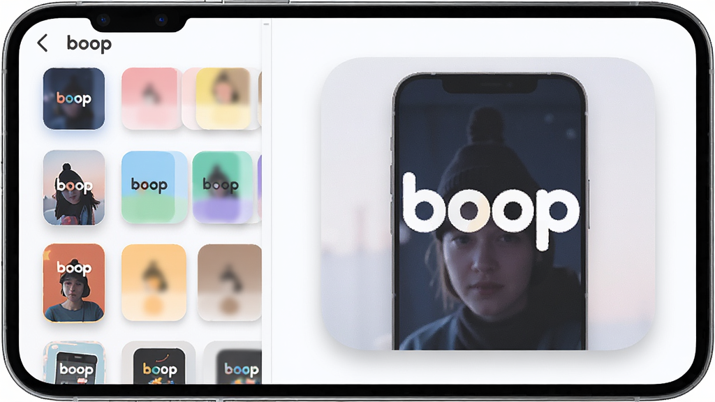 一张展示boop主题皮肤切换界面的预览图,主体为手机屏幕,布局采用左右分栏,左侧为皮肤缩略图列表,右侧为大图预览,排版简洁清晰,风格为现代扁平化设计,细节包含多种配色方案、圆角预览框、柔和阴影,画质细腻干净,无多余元素,画面中带有“boop”字样