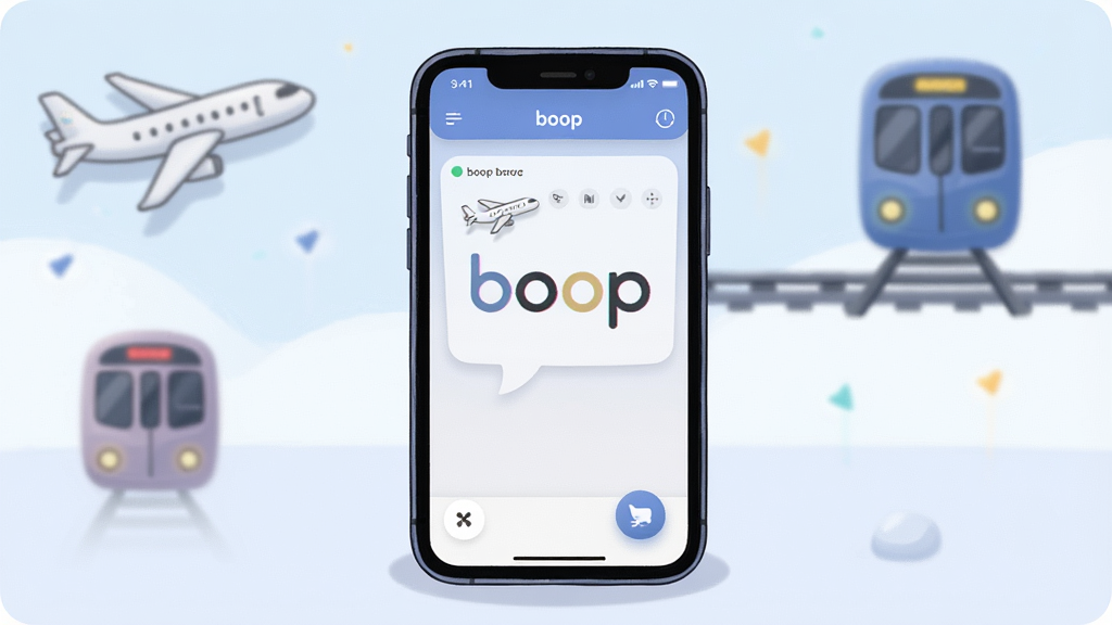 一张展示boop离线使用场景的预览图,主体为一部手机放置在桌面,屏幕显示boop界面,周围有飞机、地铁等元素作为背景点缀,布局采用中心构图,排版简洁,风格为插画风,细节包含柔和的色调、清晰的屏幕内容、干净的背景,画质高清,无多余元素,画面中带有“boop”字样