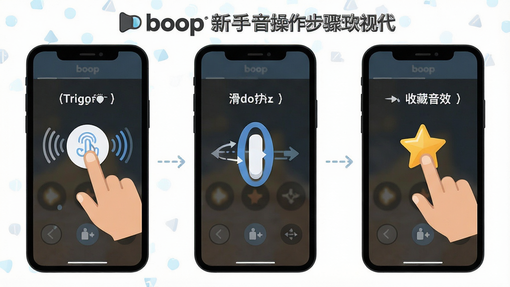 一张展示boop新手操作步骤的预览图,主体为手机屏幕分屏展示三个操作步骤,布局采用横向排列,左侧为点击屏幕触发音效,中间为滑动切换音效类别,右侧为长按收藏音效,排版清晰有序,风格为扁平化教程插图,细节包含手指点击图标、滑动箭头、收藏星标,画质干净明亮,无多余元素,画面中带有“boop”字样