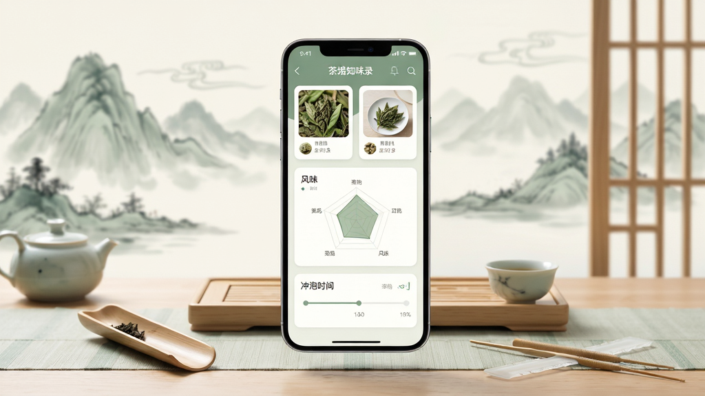 茶境知味录软件主界面展示,画面中央悬浮一部智能手机,屏幕内呈现淡雅的茶文化记录界面,包含茶叶卡片、风味雷达图和冲泡时间轴,背景为水墨风格的远山与茶席,色调以青绿、米白和浅木色为主,构图采用居中对称布局,风格为极简东方美学,细节包含茶则、茶针等小物件点缀,画质高清,干净无多余元素。