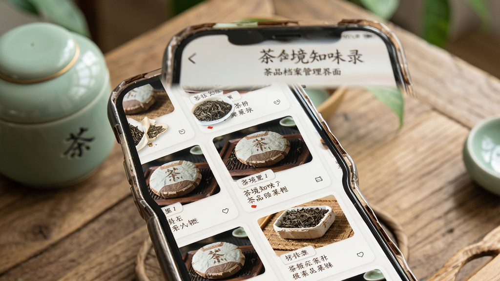 茶境知味录茶品档案管理界面,画面为手机屏幕特写,屏幕内展示多张茶叶档案卡片整齐排列,每张卡片上有茶饼缩略图和文字标签,背景为木质茶桌和青瓷茶罐,光线柔和,风格清新自然,画质细腻,干净无多余元素。