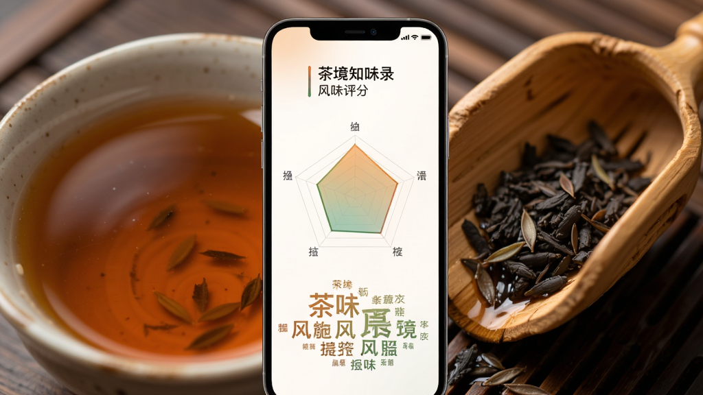 茶境知味录风味评分界面,手机屏幕显示五维雷达图与风味标签云,色彩以柔和渐变呈现,背景为茶汤特写与茶荷,构图居中,风格现代简约,画质高清,干净无多余元素。