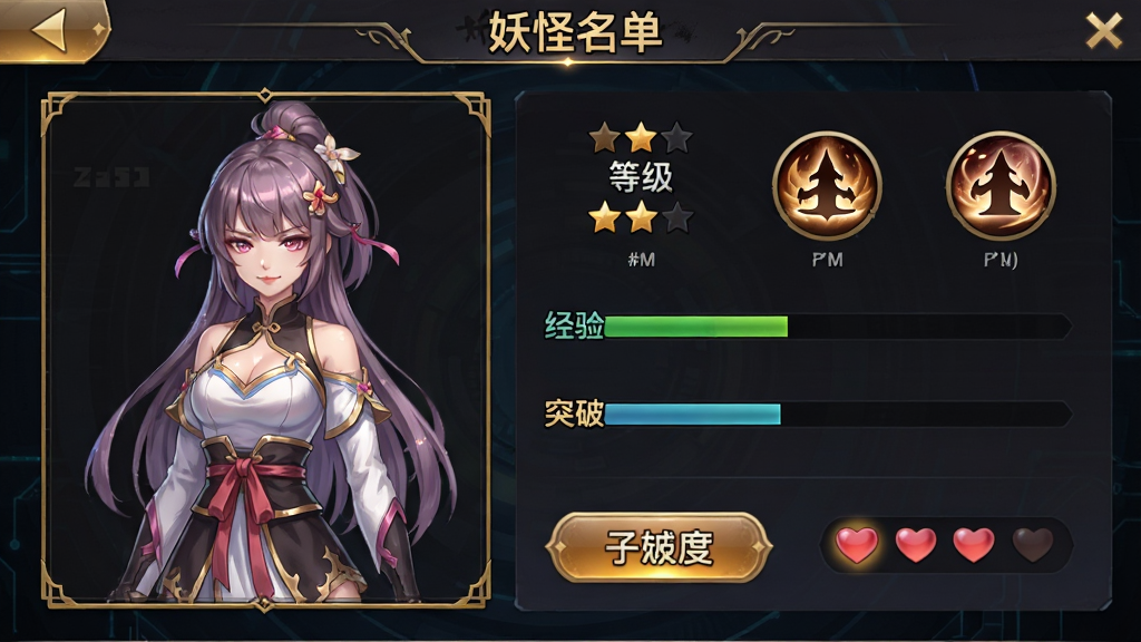 一张以妖怪名单角色养成为主题的界面示意图,主体为苏九儿的角色属性面板,布局上左侧为立绘展示区,右侧为等级、星级、技能图标排列,排版为手机游戏UI风格,风格为深色科技感底纹搭配金色边框,细节包括经验条、突破按钮、好感度爱心图标,画质高清、干净、无多余元素,界面顶部可出现“妖怪名单”标题栏。
