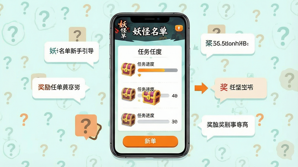 一张以妖怪名单新手引导为主题的示意图,主体为手机屏幕显示游戏主界面与新手任务列表,布局上手机位于画面中央,周围环绕问号图标与提示气泡,排版为扁平化信息图风格,风格为清新浅色背景搭配橙色高亮按钮,细节包括任务进度条、奖励宝箱、箭头指引,画质高清、干净、无多余元素,界面中可出现“妖怪名单”文字。