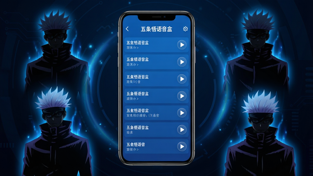 五条悟语音盒软件主界面全景展示,画面中央为手机屏幕正视图,屏幕内呈现蓝色主题的语音列表界面,顶部显示「五条悟语音盒」字样,列表中包含多条语音条目与播放按钮,背景为深色渐变,周围环绕五条悟动漫形象剪影与蓝色光效,风格为二次元科技感,细节清晰,画质干净,无多余元素