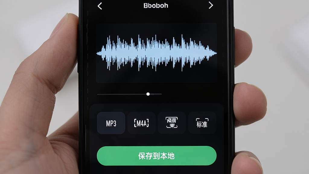 五条悟语音盒音质设置与导出界面,手机屏幕中显示音频波形图与格式选择菜单,选项包括「MP3」「M4A」「高清」「标准」,底部有保存到本地按钮,界面风格为深色科技感,细节清晰,画质干净,无多余元素