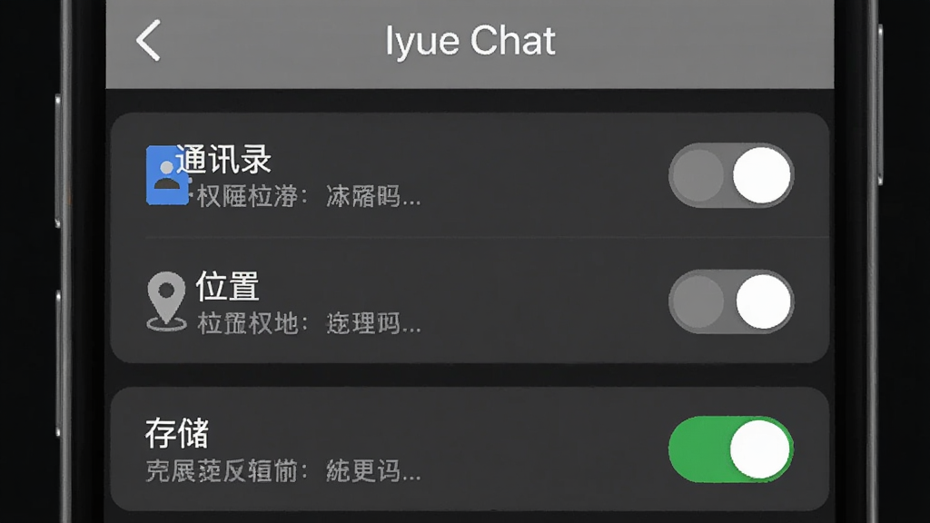 һ���ֻ���Ļ��ʾ Iyue Chat ��Ȩ�޹������棬�����С�ͨѶ¼���͡�λ�á�Ȩ����ʾΪ�ر�״̬�����洢��Ȩ����ʾΪ����״̬������Ϊ���½ṹ�����Ϊ��ƽ����ƣ�ϸ�ڰ���Ȩ�޿��ذ�ť��˵�����֣����ʸ���ɾ����޶���Ԫ�ء�