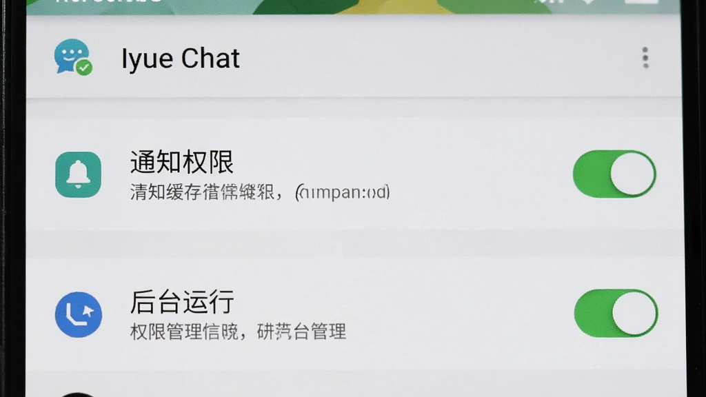 һ����׿�ֻ���Ļ��ʾ Iyue Chat �ġ�������桱�͡�Ȩ�޹��������ý��棬�����С�֪ͨȨ�ޡ��͡���̨���С�����Ϊ����״̬������Ϊ���½ṹ�����Ϊ��ƽ����ƣ�ϸ�ڰ�������ѡ��ͼ���˵�����֣����ʸ���ɾ����޶���Ԫ�ء�