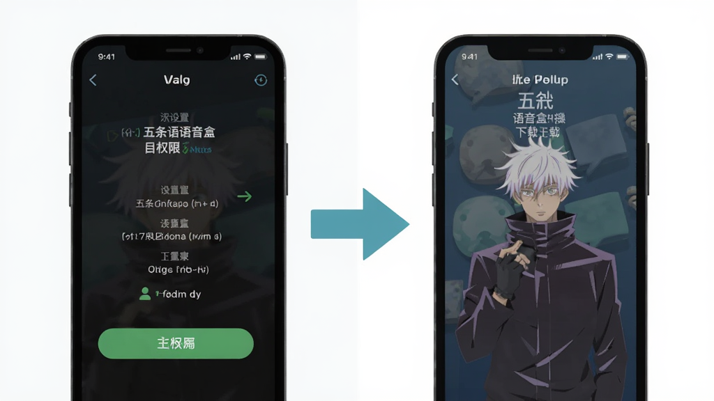 五条悟语音盒使用教程示意图,画面左侧为手机设置界面展示权限开启步骤,右侧为软件内批量下载操作界面,中间用箭头连接,整体风格为扁平化教学图示,配色清新,细节清晰,画质干净,无多余元素