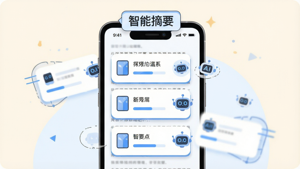 画面主体为一部手机屏幕,屏幕中显示一篇长文章被自动压缩成三个要点卡片,卡片旁有AI机器人小图标,手机上方漂浮“智能摘要”文字标签,布局为手机居中、卡片环绕,风格为清新扁平插画,细节包括浅色背景、蓝色高亮线条、圆角卡片,画质高清,干净,无多余元素