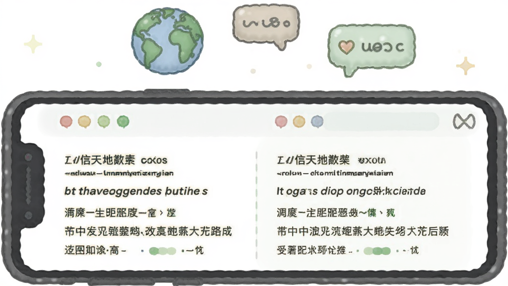 画面中央为一部手机,屏幕显示英文网页与中文译文并排对照,手机上方有地球与语言气泡图标,布局为上下结构,风格为柔和圆角插画,细节包括双语标签、浅绿色点缀、简洁线条,画质高清,干净,无多余元素