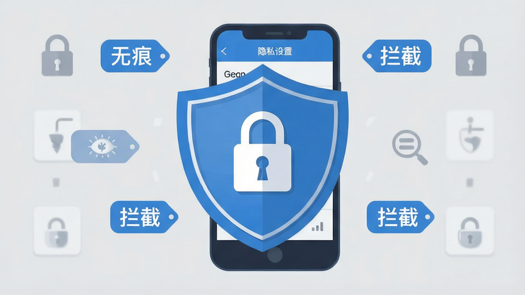 画面主体为盾牌形状图标与手机结合,盾牌表面有锁形符号,手机屏幕显示隐私设置界面,周围环绕“无痕”“拦截”小标签,布局为中心对称,风格为安全主题扁平插画,细节包括蓝色盾牌、灰色背景、简洁图标,画质高清,干净,无多余元素