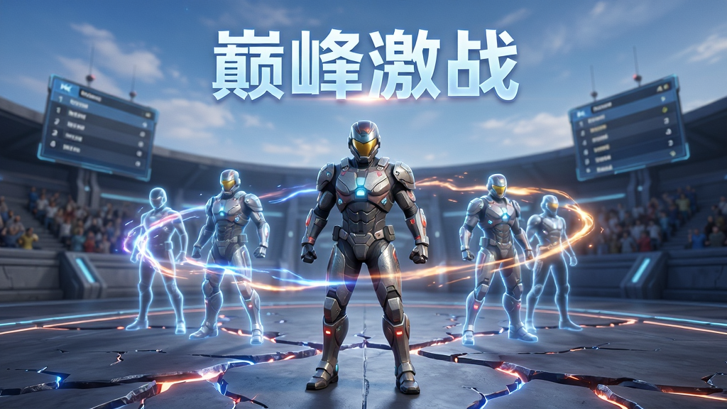 画面主体为一名身穿未来科技战甲的战士站在悬浮竞技场中央,周围环绕着能量光效与队友虚影,布局采用中心对称构图,上方留出天空与观众席空间,排版上游戏名称“巅峰激战”以发光字体悬浮在画面顶部,风格为3D写实科幻竞技风,细节包括战甲纹理、地面能量裂纹、远处漂浮的排行榜屏幕,画质为4K超清、干净、无多余元素。