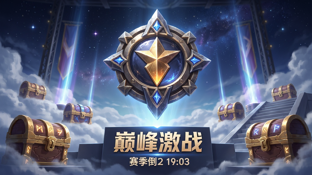 画面主体为一个巨大的段位徽章悬浮在云端领奖台上,周围环绕着赛季专属奖励宝箱与光柱,布局采用仰视视角突出徽章高度,排版上徽章下方显示“巅峰激战”文字与赛季倒计时,风格为魔幻竞技颁奖典礼风,细节包括徽章金属质感、宝箱符文纹路、背景星空与阶梯,画质为超清、干净、无多余元素。