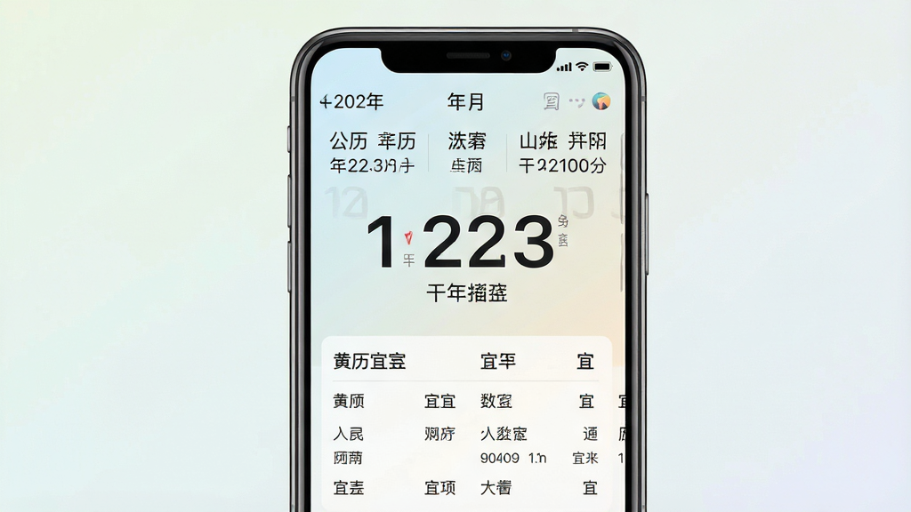 一张手机屏幕展示历法万年历应用主界面的图片,画面中央是手机正视图,屏幕显示公历日期、农历日期、干支纪年、宜忌事项等核心信息,布局清晰,上方显示年份月份,中部显示大字日期,下方排列黄历宜忌条目,背景为浅色渐变,整体风格简洁清新,细节丰富,画质清晰,干净,无多余元素
