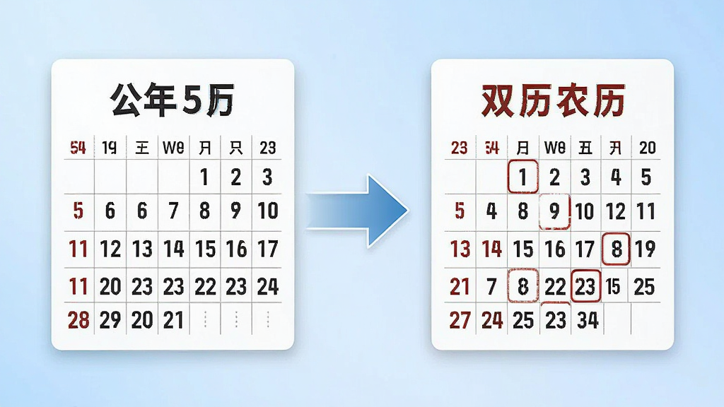 一张展示历法万年历双历对照功能的图片,画面左侧为公历日期卡片,右侧为农历日期卡片,中间用箭头连接,卡片上分别标注公历和农历字样,背景为淡蓝色渐变,风格简约商务,细节清晰,画质干净,无多余元素