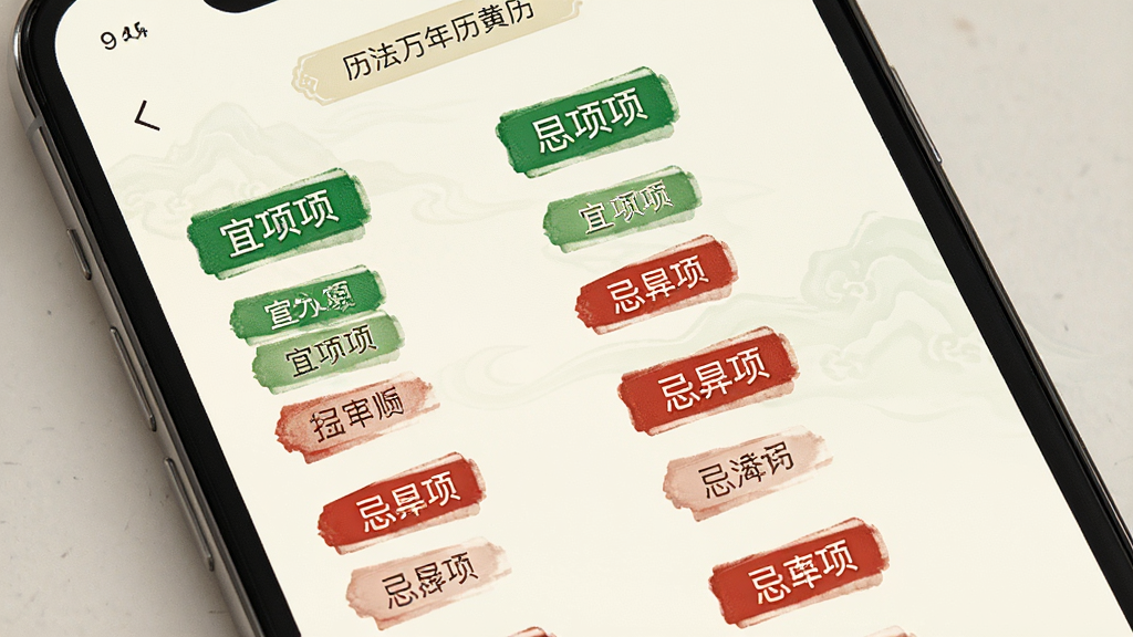 一张展示历法万年历黄历宜忌页面的图片,画面中央为手机屏幕,屏幕上以绿色标签显示宜事项、红色标签显示忌事项,排列整齐,背景为米白色,风格素雅极简,细节丰富,画质清晰,干净,无多余元素