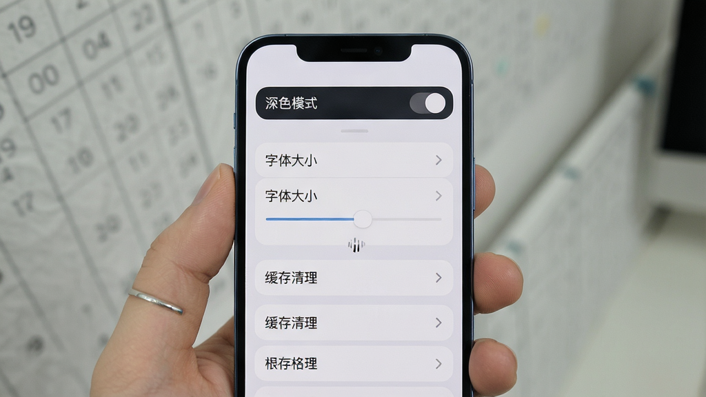 一张展示历法万年历设置页面的图片,画面为手机屏幕,屏幕上显示设置选项列表,包括深色模式开关、字体大小调节、缓存清理等条目,背景为浅灰色,风格柔和圆角,细节清晰,画质干净,无多余元素