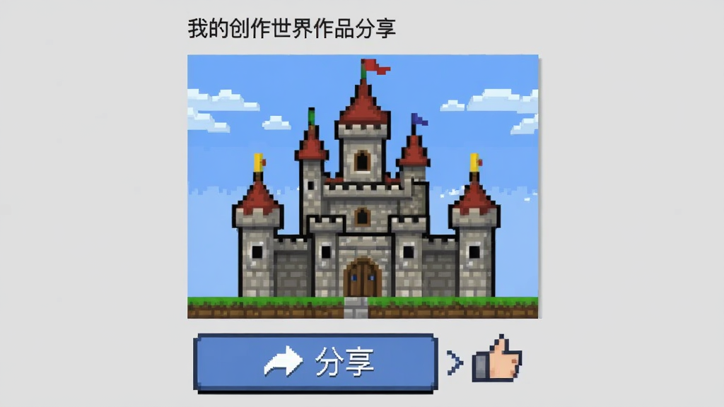 我的像素创作世界 作品分享界面 画面展示一个像素风格的城堡作品 下方有分享按钮和点赞图标 背景是浅灰色 风格简洁 像素画风 布局清晰 画质干净 无多余元素