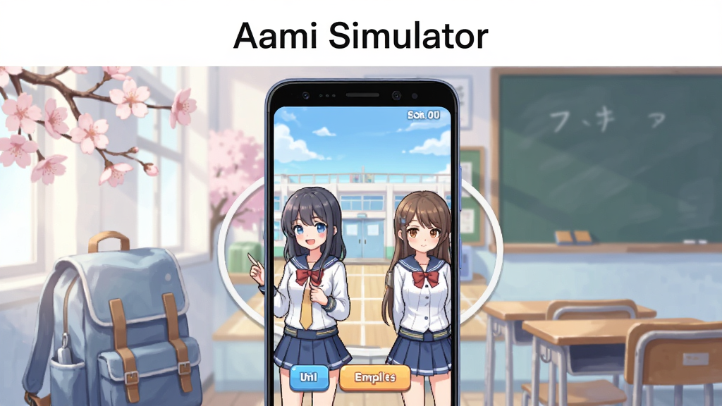 画面中央放置一部安卓手机,手机屏幕显示Amai Simulator游戏主界面,界面中有日系动漫风格的校园场景和两名角色立绘,手机周围环绕校园元素如书包、樱花、课桌、黑板,布局采用居中构图,上方留白放置软件名称文字,风格为清新日系动漫风,细节包括柔和的粉蓝色调、角色表情生动、UI按钮清晰,画质高清,画面干净,无多余元素