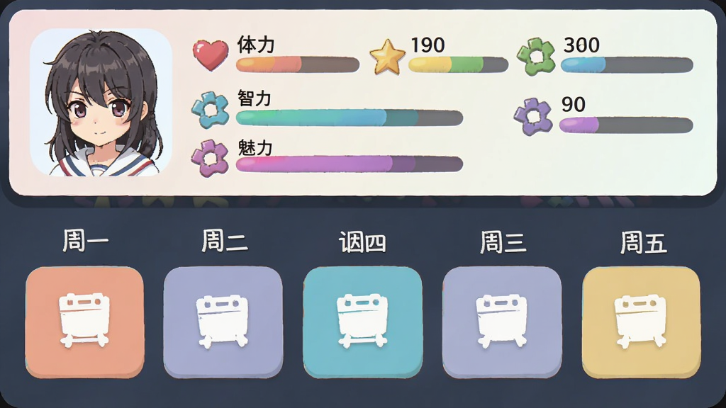 Amai Simulator游戏界面截图风格插画,主体为属性养成面板与日程安排表,布局采用上下分栏,上方显示角色头像与体力、智力、魅力数值条,下方为周一到周五的课程选择按钮,风格为扁平化日系UI设计,细节包括柔和的渐变底色、圆角图标、清晰的中文标签,画质高清,画面干净,无多余元素