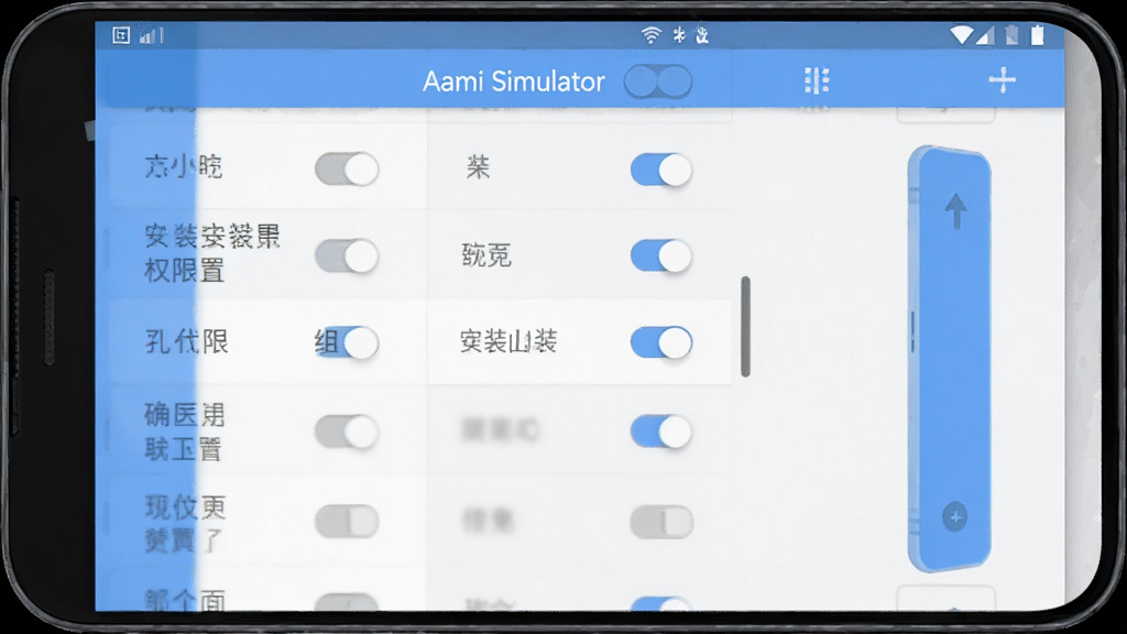 安卓手机界面截图风格插画,主体为Amai Simulator安装权限设置页面,布局采用手机屏幕竖版构图,屏幕中显示权限开关列表与安装按钮,风格为扁平化系统UI设计,细节包括清晰的开关状态、中文提示文字、柔和的蓝白配色,画质高清,画面干净,无多余元素