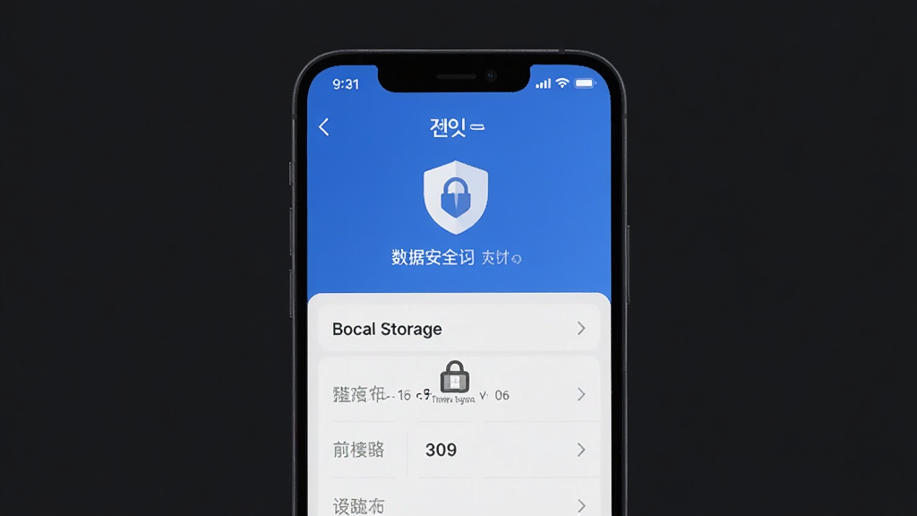 一部手机展示应用的数据安全设置界面,画面中有盾牌图标和本地存储标识,界面风格稳重,背景为深色,画质清晰,干净无多余元素