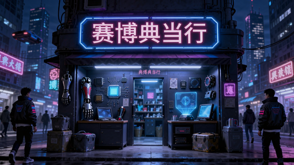 画面中央是一家霓虹灯闪烁的赛博朋克风格典当行店铺,招牌上写着“赛博典当行”,店铺门口摆放着各种高科技物品,如机械义肢、发光芯片和全息投影设备。街道上有穿着赛博服饰的行人走过,背景是高楼林立的未来都市夜景,整体风格为赛博朋克数字插画,色彩以蓝紫和霓虹粉为主,细节丰富,画质高清,干净无多余元素。