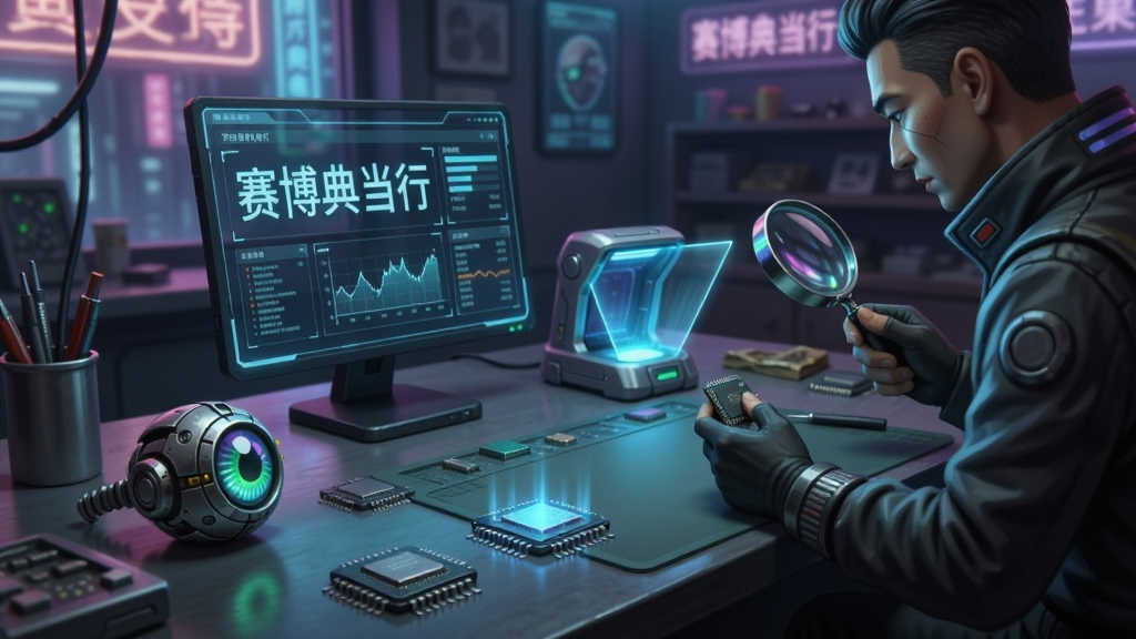 画面展示一个赛博朋克风格的鉴定工作台,桌面上摆放着发光的机械义眼、芯片和全息扫描仪,屏幕上显示着“赛博典当行”字样和数据图表。一名穿着未来服饰的鉴定师正在用放大镜观察物品,背景是昏暗的店铺内部,霓虹灯光从窗外透入。风格为数字绘画,细节精致,画质清晰,干净无多余元素。
