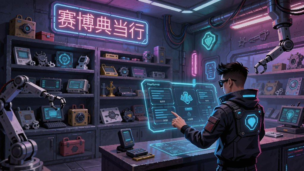 画面展示一间赛博朋克风格的典当行内部,货架上摆满各种高科技物品,墙壁上有“赛博典当行”的霓虹招牌。玩家角色正在用全息面板选择店铺升级选项,周围有机械臂和发光装饰。风格为未来科幻插画,色彩鲜艳,细节丰富,画质高清,干净无多余元素。
