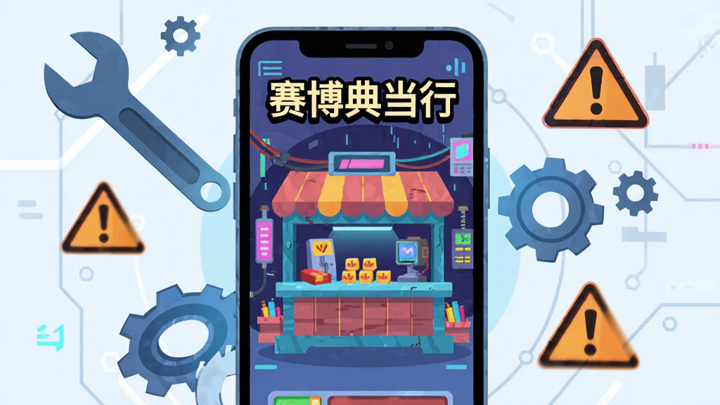画面展示一部智能手机屏幕,上面运行着赛博朋克风格的典当行游戏界面,屏幕上方有“赛博典当行”标题。手机周围有扳手、齿轮和警告图标,背景是简洁的科技风格。整体风格为扁平化插画,色彩明亮,细节清晰,画质干净无多余元素。