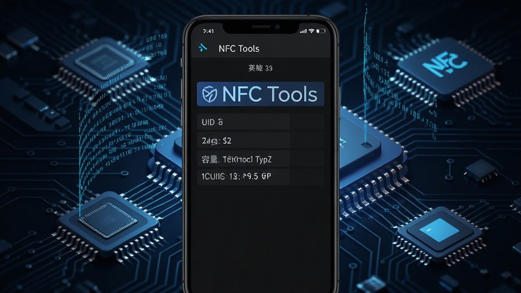 NFC Tools软件读取标签信息界面,手机屏幕显示标签UID、容量和技术类型,背景为深色科技风格,周围漂浮着数据流和芯片图案,画质高清,干净无多余元素,画面中带有
