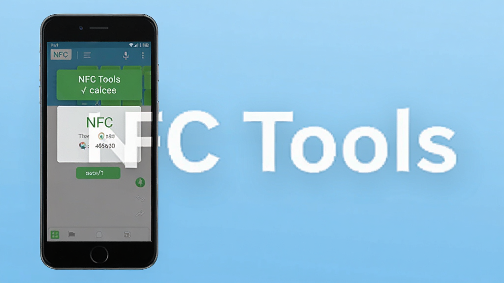 NFC Tools软件操作示意图,手机屏幕显示标签写入成功提示,背景为浅蓝色渐变,画面中有