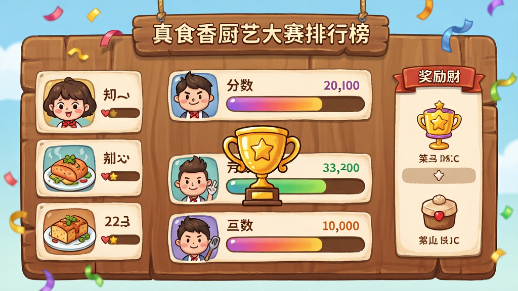 真食香厨艺大赛排行榜界面,画面主体为一块木质质感的排行榜面板,上面显示着前五名玩家的卡通头像和分数,布局中央为金色奖杯图标,左侧为参赛玩家的菜品展示区,右侧为奖励预览,排版清晰明了,风格为卡通手绘风格,细节包括玩家头像各异的表情、分数条的渐变色彩、背景中飘落的彩带,画质高清、画面干净、无多余元素